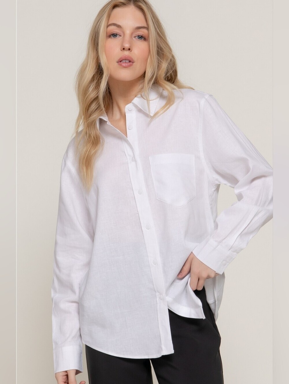 Active USA Long Sleeve White Linen Blend Button Front Collared Shirt
